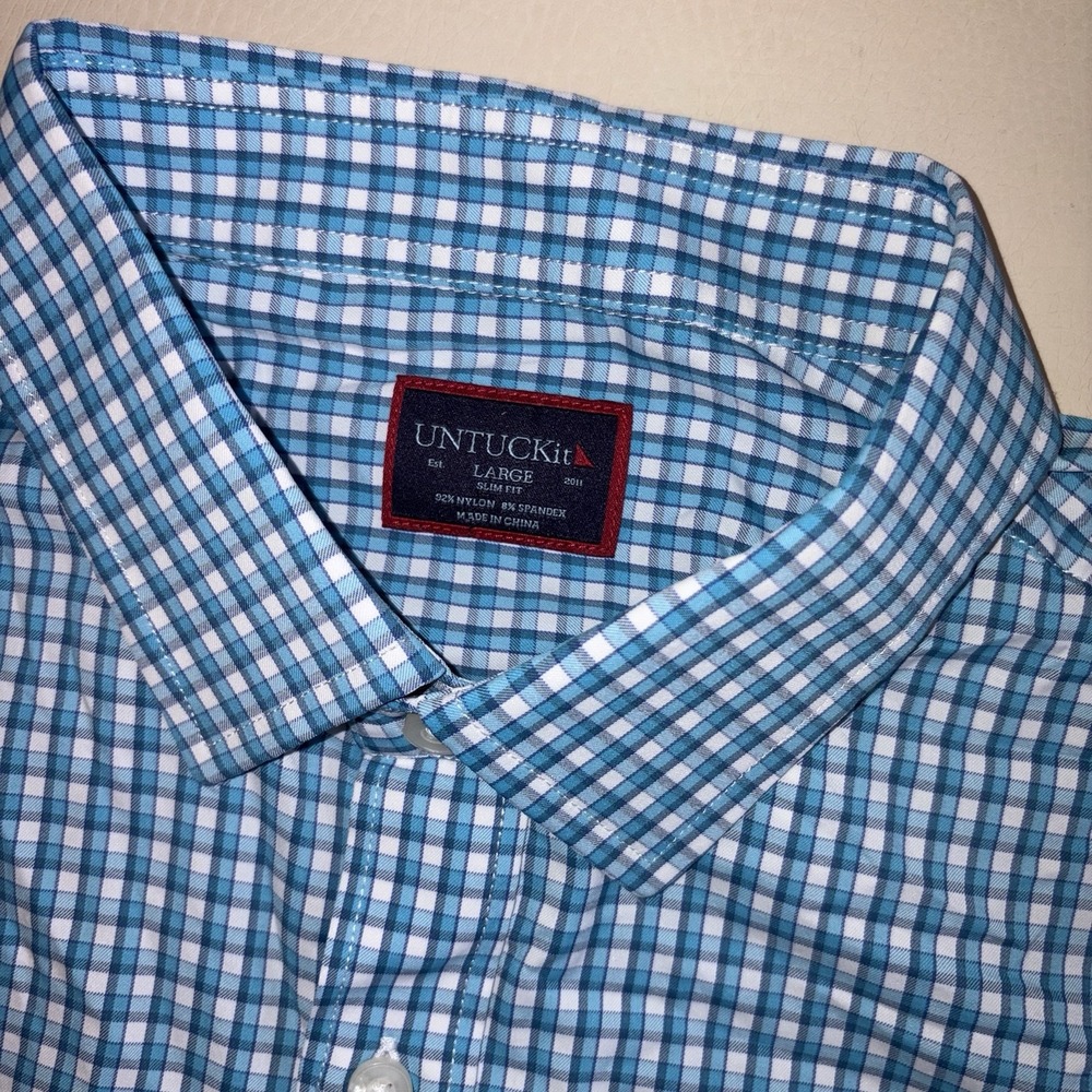 Untuckit Belden Large Blue White Plaid Check Button Up Slim Fit Performance